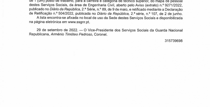 Homologação da lista unitária de ordenação final - área de Engenharia Civil.